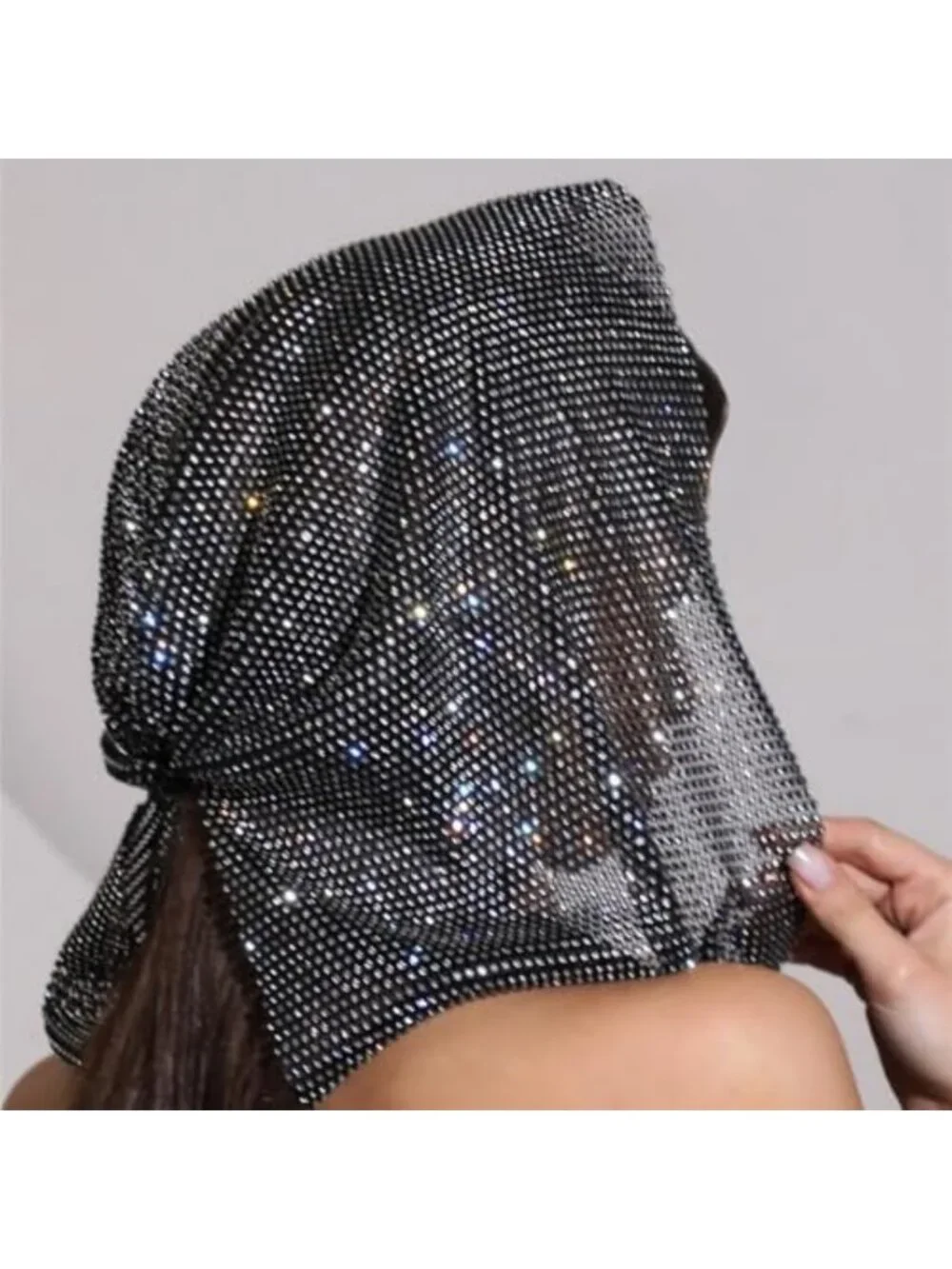 Sparkly Rhinestone Mesh Head Scarf Hood - Crystal Headband for Festival & Party